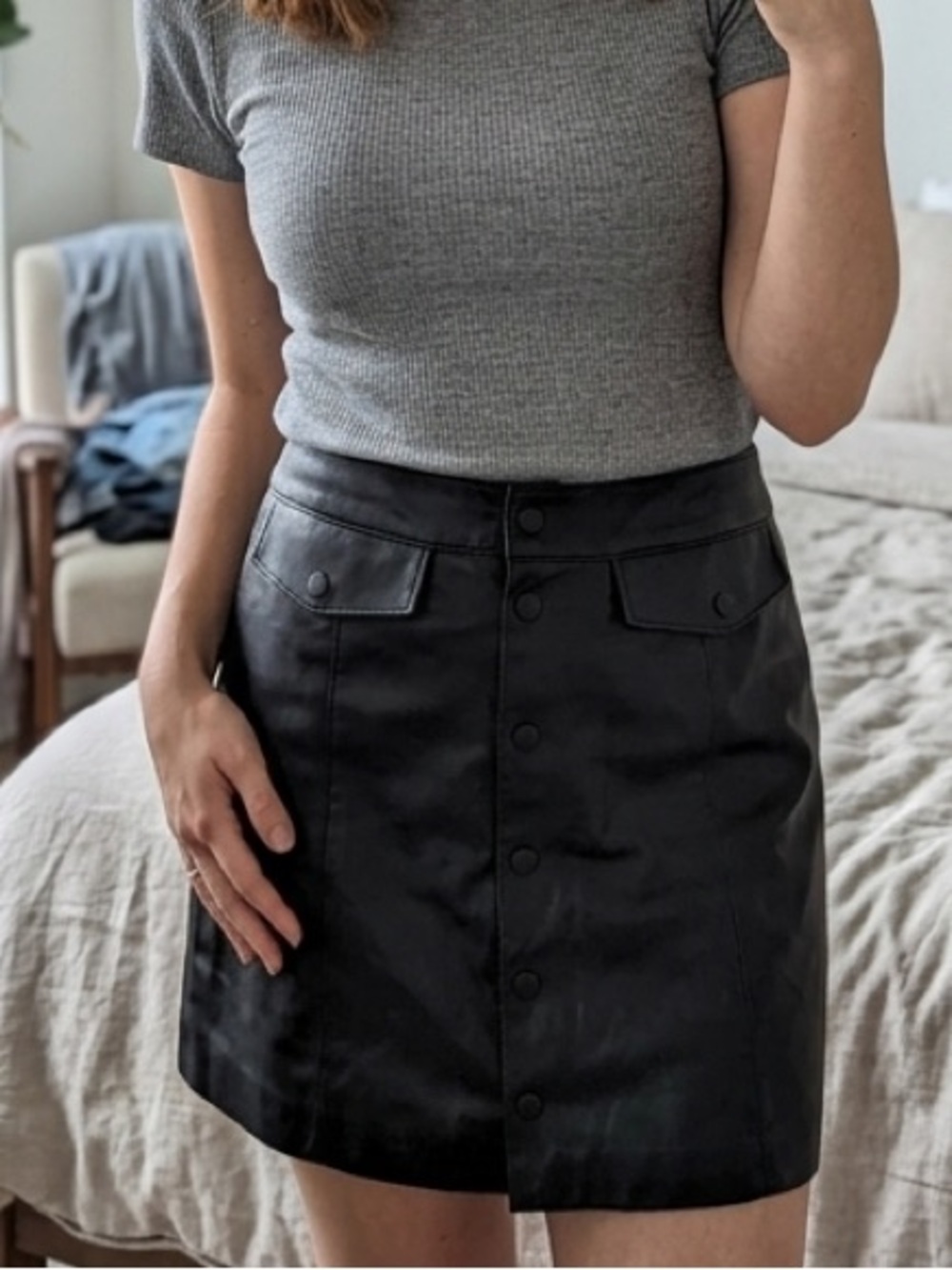 H&M Women's Black Vegan Leather Button-Front Mini Skirt